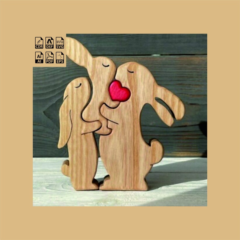 May include: Wooden sculpture of three rabbits, two standing and one sitting, with a red heart between the two standing rabbits.