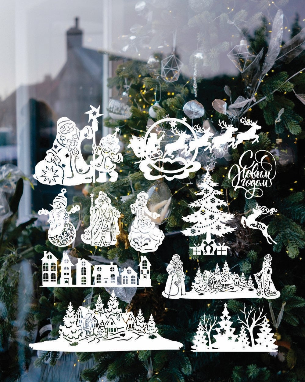 Vicor Decorazioni Natalizie Per Finestre - 4 Fogli Adesivi Riutilizzabili Con Albero Di Natale Dorato - 4