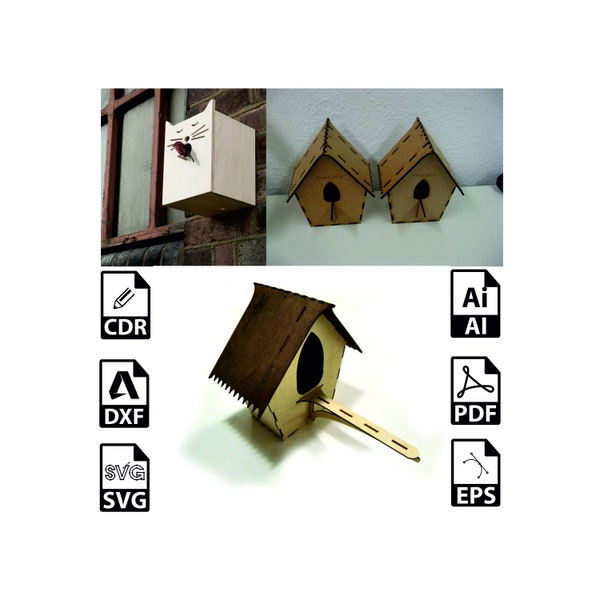 Fichier svg de nichoir en bois décoratif découpé au laser 3mm 3 modèles différents dans un Bird Box Plans dxf Nesting Box laser glowforge téléchargement instantané