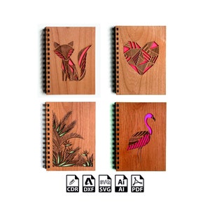Cuaderno corte láser svg, Fox Notebook Heart Template Notebook Cover Wooden Diary Cover con Flamingo Decoration Vector template notebook cnc