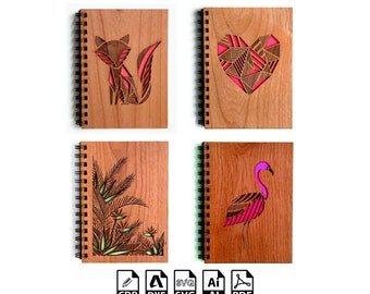 Notebook laser cut svg , Fox Notebook Heart Template Notebook Cover Wooden Diary Cover With Flamingo Decoration Vector template notebook cnc