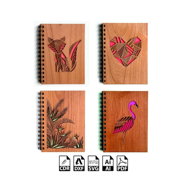 Notebook laser cut svg , Fox Notebook Heart Template Notebook Cover Wooden Diary Cover With Flamingo Decoration Vector template notebook cnc