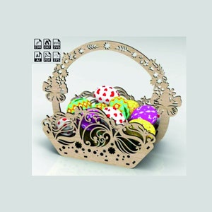 May include: A wooden Easter basket with a decorative floral design and butterfly accents. The basket is filled with colorful Easter eggs with various patterns.