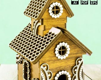 Plano de modelo 3D de casa navideña cortada con láser para pueblo navideño, de madera de 3 mm, 2 modelos diferentes, descarga instantánea en formato SVG, DXF, CDR y PDF.