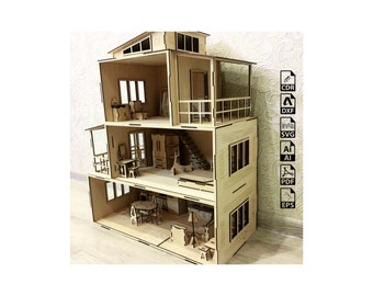 Modern Dollhouse Laser Cut 3mm dollhouse svg file dollhouse maison de poupée cnc bois contreplaqué glowforge lightburn vector template DXF cdr SVG ai PDF fichier ai