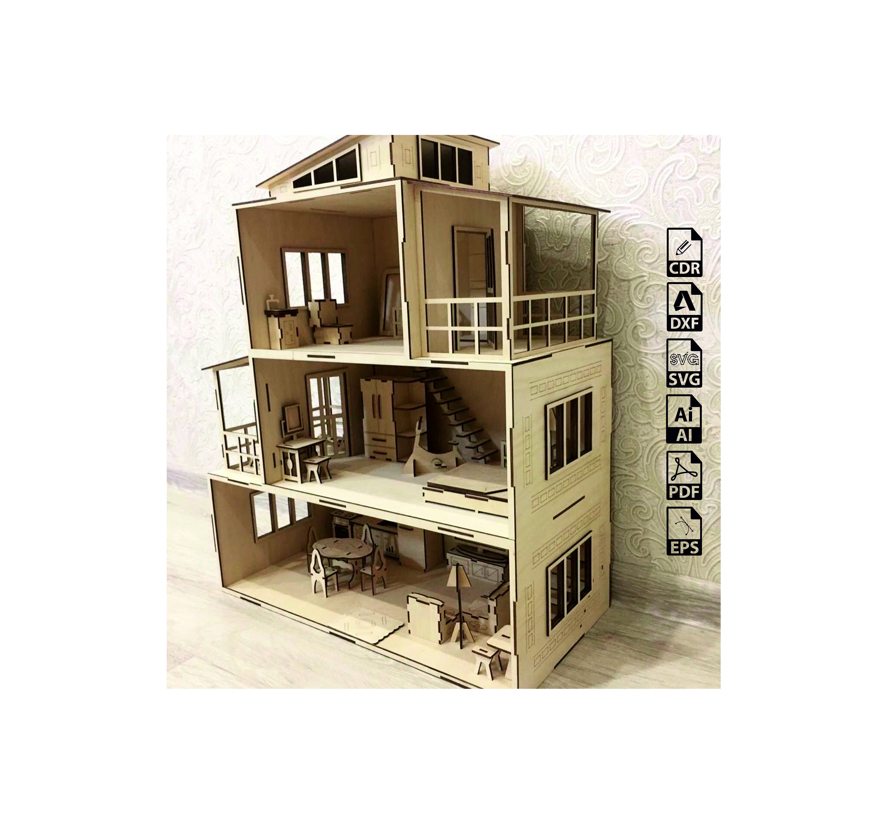 Premium Photo  Laser cut doll house with small furniture made of plywood  details with open wall on light grey