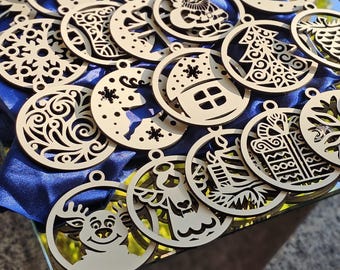 Christmas balls Tree gift Decorations art wood carving stencil laser cut templates 20pcs svg cdr dxf ai pdf file instant download