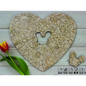 Valentine&#39;s Day Gift Heart Laser Cut Design wooden puzzle svg file valentine&#39;s day svg file glowforge heart puzzle dxf svg cdr pdf eps file