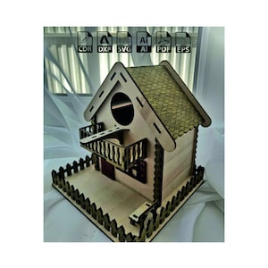 Vogelhuis svg, vogelhuis laser gesneden bestand, vogelhuis plannen speelgoed 3d model miniatuur meubels 3mm hout glowforge vector Bird House Pet Nest