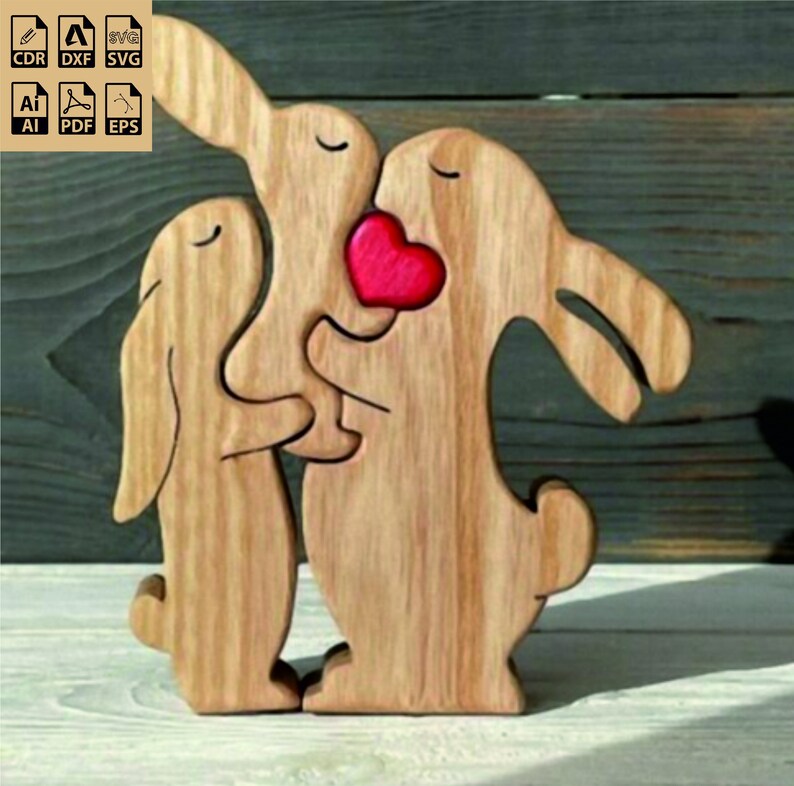May include: A wooden sculpture of two rabbits holding a red heart. The rabbits are carved in a simple style and have a natural wood finish.