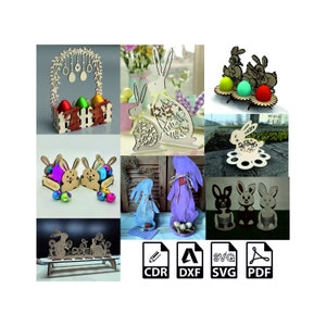 Paasvakantie 8 verschillende vectorillustraties Lasergesneden Pasen svg paashaas dxf glowforge cnc vector sjabloon cdr dxf svg pdf-bestand