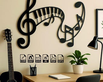 Musical Wall Art SVG file Treble Clef & Piano Notes Laser Cut Digital File for Wood or Metal Home Office Decor cdr dxf eps download file