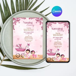 Invito per cerimonia di battesimo per bambina/gemella, modello modificabile Canva/invito digitale a tema rosa/scheda di presentazione del nome per baby shower - 4105