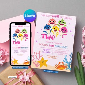 Bewerkbare babyhaai verjaardagsuitnodiging | Canvassjabloon | Pinkfong-babyhaaifeestje | 1e, 2e, 3e, 4e verjaardag | Directe download - 4380