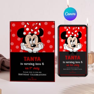 Convite de aniversário editável da Minnie Mouse | Modelo de festa de bolinhas vermelhas no Canva | Cartão digital para 6º aniversário | Download instantâneo - 1213