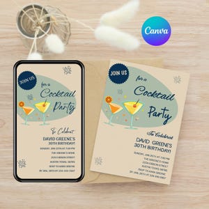 Verjaardagsuitnodiging cocktailparty | Bewerkbare uitnodiging voor 30e verjaardag | Canvassjabloon | Verjaardagsfeestje voor volwassenen | Digitale download -4131