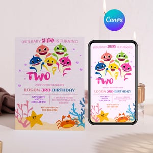 Bewerkbare babyhaai verjaardagsuitnodiging | Canvassjabloon | Pinkfong-babyhaaifeestje | 1e, 2e, 3e, 4e verjaardag | Directe download - 4380