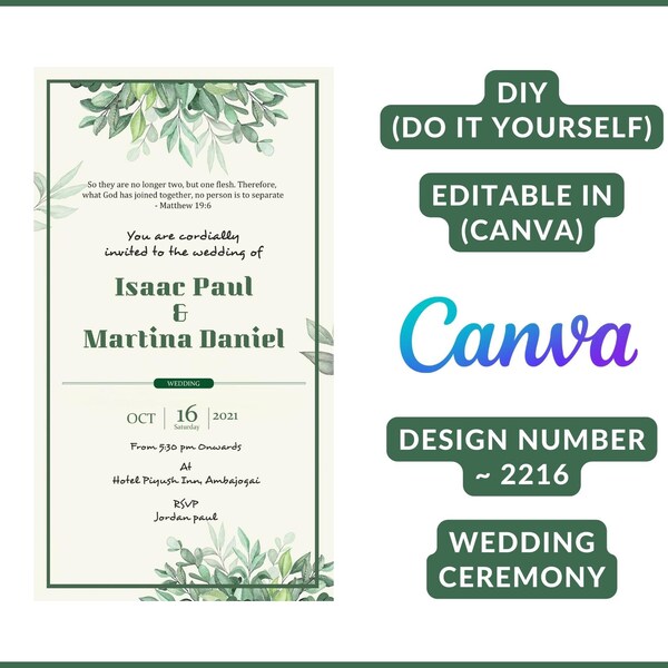 Modish Green and Off-White Poppy Theme Electronic Wedding Invitation, DIY in CANVA, design no. 2216