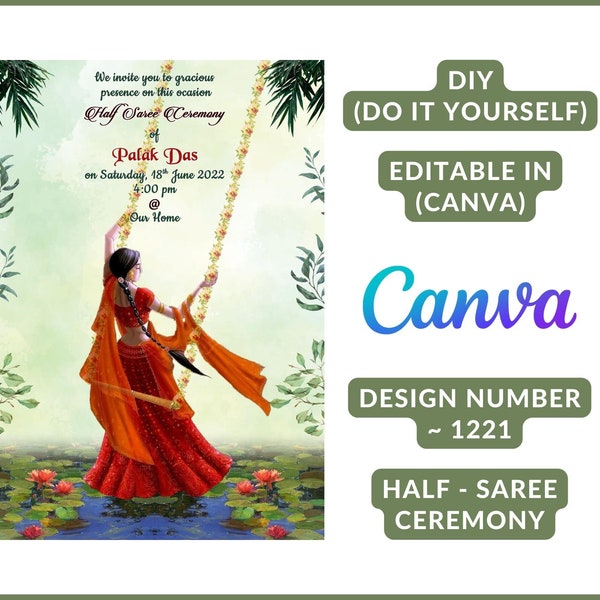 New Pastel Green Traditional Indian Half Saree Ceremony digital invitation card with an Indian Girl Doodle, DIY in CANVA, design no. 1221