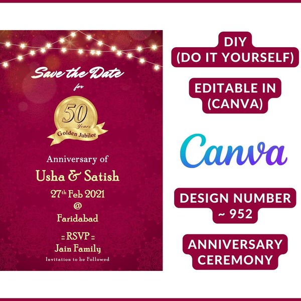 Carte d'invitation du 50e anniversaire du jubilé d'or, le lien éternel du couple dans une image Jhoola » DIY sur CANVA, design no. 952