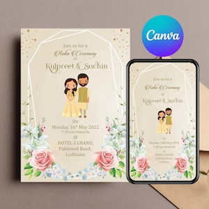 Elegante invitación para ceremonia Roka (Canva) / Plantilla editable de compromiso punjabi / Invitación floral digital / Descarga instantánea - 2372