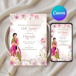 Faire-part de cérémonie d'un demi-sari | Modèle de toile modifiable | Événement indien de passage à l'âge adulte | Puberté florale de fille de Zazzle.be Liste d'envies Vous avez des idées ? Téléchargement instantané - 4032