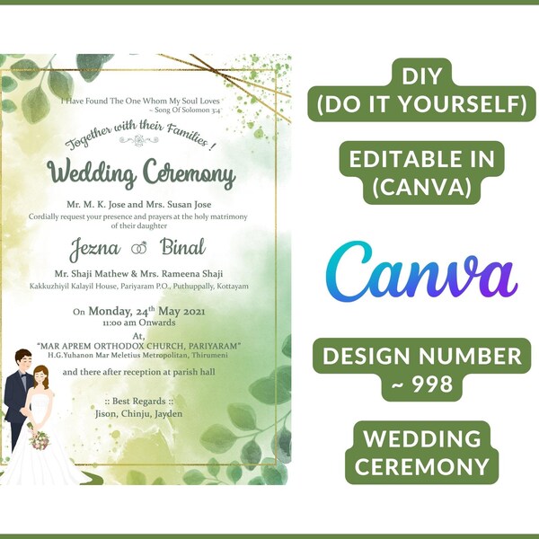 New Green and Gold Water-colored Floral Wedding Invitation card with English Couple Illustration, DIY in CANVA,design no. 998