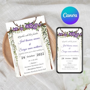 Christian Wedding Invitation Template | Elegant Canva Editable Floral Invite | Church Wedding | Instant Download -  2196