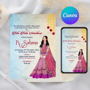 Ritu Kala-uitnodiging | Halve Saree-ceremonie bewerkbare canvassjabloon | Kaart Indiase puberteit | Bloemdessin | Directe download: 3994
