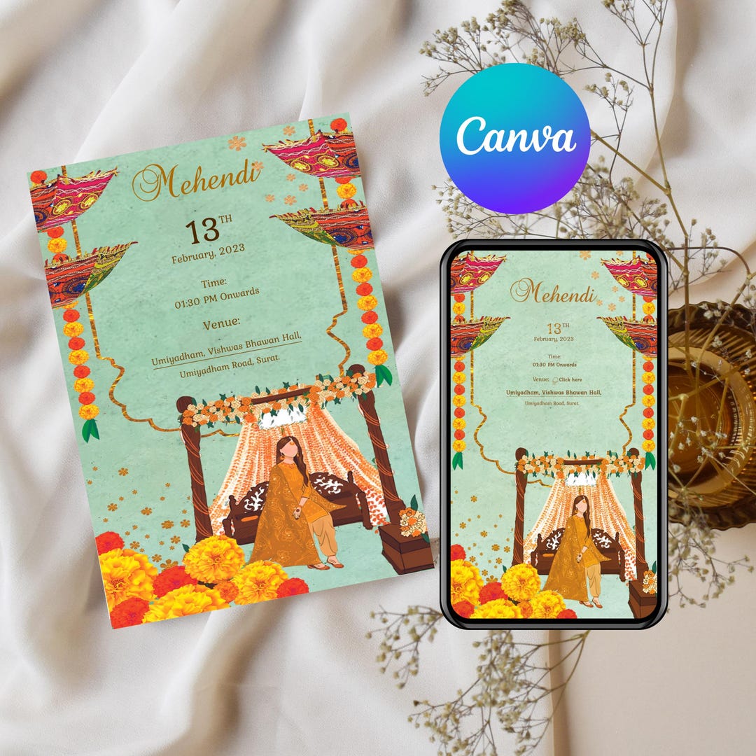 Editable Mehendi Ceremony Invitation | Traditional Indian Bride Card ...
