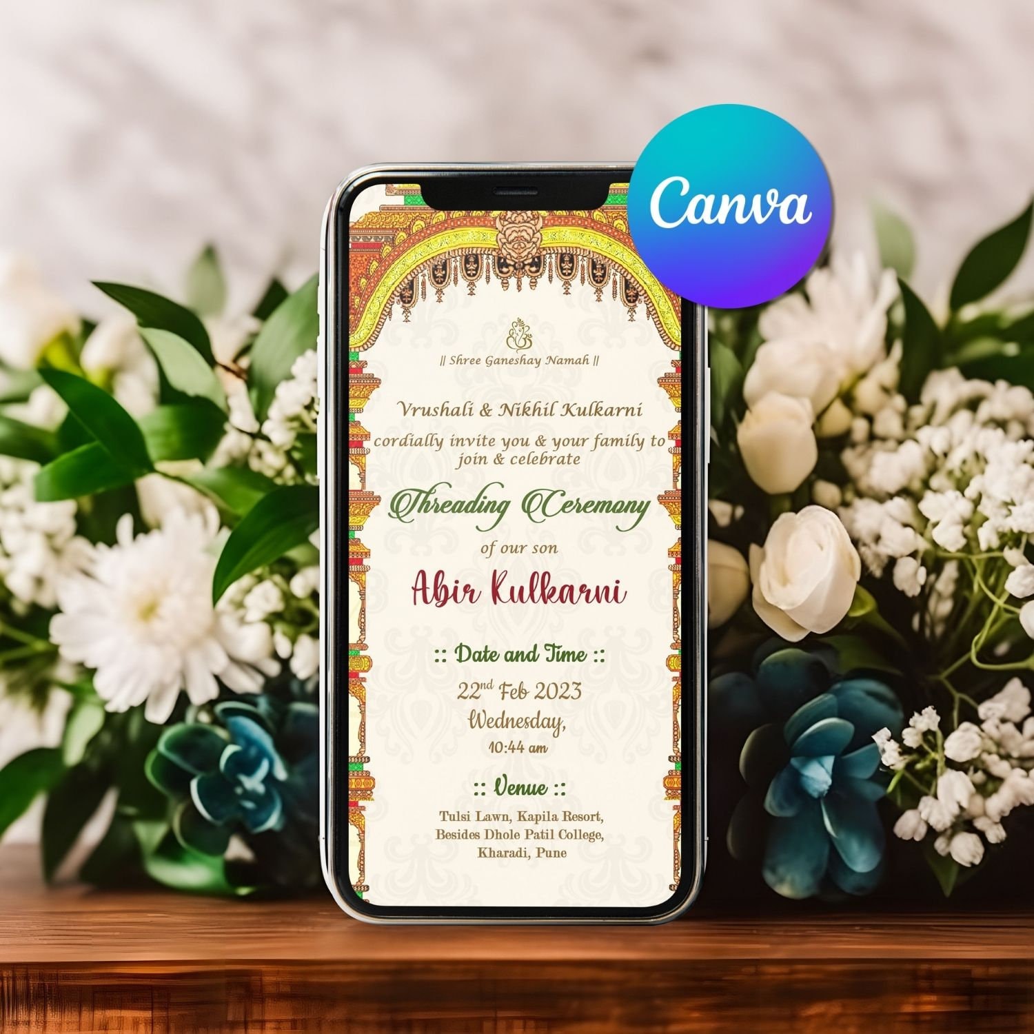 Thread Ceremony Invitation Card in Gate Theme Canva DIY Editable ...