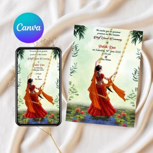 Bewerkbare halve Saree-ceremonie-uitnodiging | Canvassjabloon voor Zuid-Indiaas meisje | Coming of Age traditionele kaart | Directe download 1221