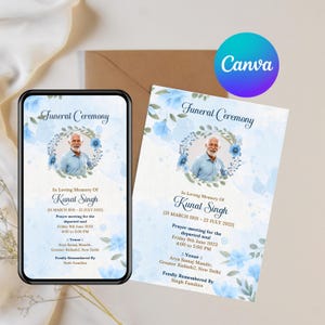 Plantilla de invitación para ceremonia fúnebre / Tarjeta de recuerdo / Volante de obituario editable en Canva / Invitación digital / Descarga instantánea - 3119