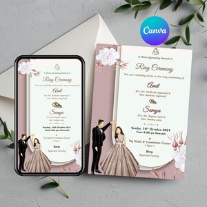 Elegante invitación para la ceremonia del anillo (para él y para ella) / Plantilla editable de Canva / Tarjeta de compromiso floral / Descarga digital / Boda india 4173