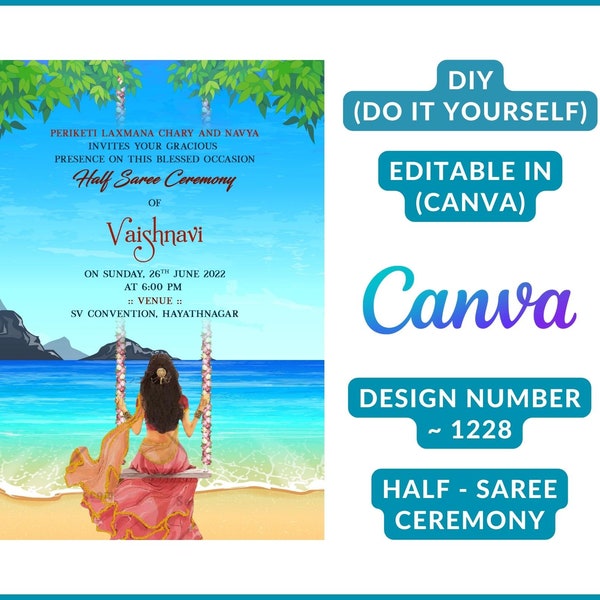 A Vibrant Tropical Theme Half Saree Ceremony digital invitation card with an Indian Girl Doodle, DIY in CANVA, design no. 1228