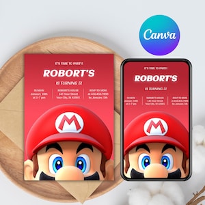 Edytowalne zaproszenie urodzinowe Mario | Szablon Super Mario Canva | Cyfrowa karta na 5. urodziny | Natychmiastowe pobranie dla chłopców 4373