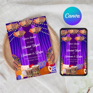 Invitación a la Noche Dholak / Plantilla editable de Canva / Invitación de boda del sur de Asia / Tarjeta preboda india pakistaní / Descarga instantánea - 4078