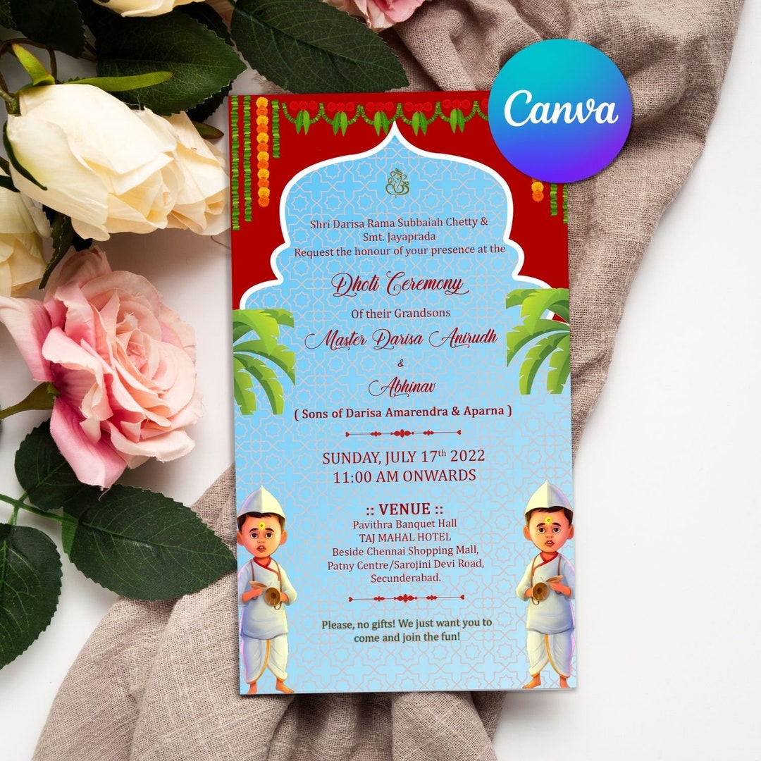 Dhoti Ceremony Invitation Card in English Language With Arch Theme ...