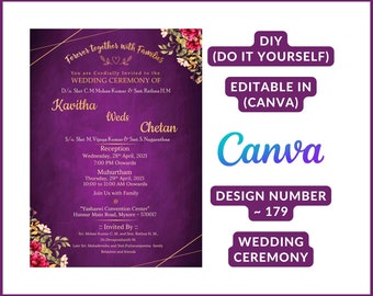 New Lavender Twilight and Gold Floral Theme Digital Wedding Invitation card, DIY in CANVA, design no. 179