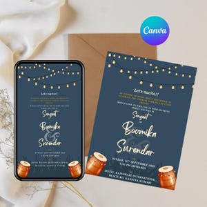 Sangeet-ceremonie uitnodigingssjabloon | Bewerkbare canvaskaart Indiase muzieknacht | Dhol & Lights-thema | Directe download: 2386