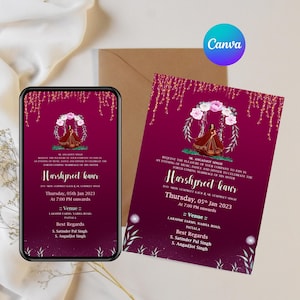 Invitación editable para celebración de boda punjabi / Plantilla de Canva para fiesta de Sangeet / Tarjeta para evento preboda de la novia / Descarga digital - 670