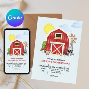Invitation d'anniversaire d'enfants de thème de ferme | Modèle de toile modifiable | d'anniversaire animal de basse-cour | 3e anniversaire | Téléchargement numérique - 4136