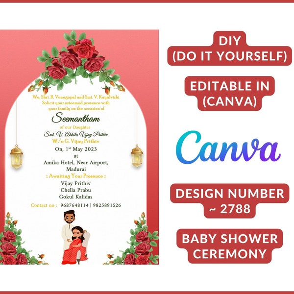 A Digital Invite Card Illuminated by Love, Arch, Golden Lanterns, the Splendor of a Seemantham Ceremony.” DIY in CANVA, design no. 2788