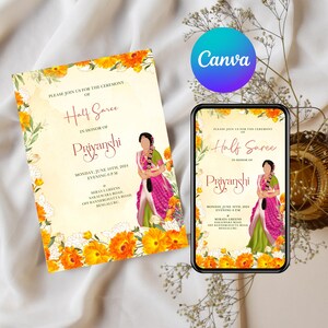 Uitnodiging halve Saree-ceremonie | Bewerkbare canvassjabloon | Indiase coming of Age-bloemenkaart | Puberteitsevenement voor meisjes | Directe download - 4038