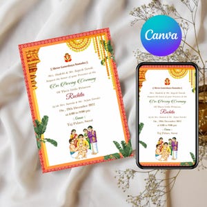 Convite para Cerimônia de Furação de Orelha | Cartão Editável para Evento de Garota Hindu | Modelo Tradicional Indiano para Canva | Download Digital Instantâneo - 831