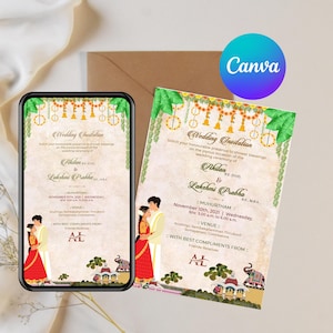 Modelo de convite de casamento tradicional hindu | Cartão de casamento do sul da Índia em tela | Download digital editável | Convite eletrônico de casamento tâmil - 1857