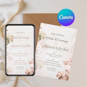 Invito alla cerimonia Roka / Modello Canva modificabile / Invito di fidanzamento Punjabi / Tema floreale beige / Download digitale istantaneo 3084
