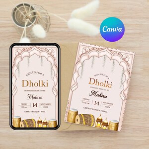 Invitación para la Noche Dholki / Plantilla editable de Canva / Tarjeta de celebración para la futura novia / Invitación preboda del sur de Asia / Descarga instantánea - 4082