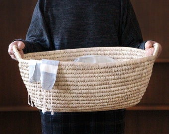 Panier à linge BATH, 100% feuille de palmier, ovale 55 cm, fait main ! Panier de commerce équitable durable du Bangladesh, panier naturel avec poignées, sans plastique !