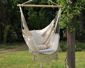 Asiento colgante PRINCESA, algodón, comercio justo de El Salvador, columpio de jardín, silla colgante con varilla | Retiro en el jardín como descanso.